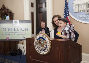 Katie Salcone and her son and liver recipient at the Donate Life California News Conference at the State Capitol. The Donate Life California Donor Registry reached 11 Million.